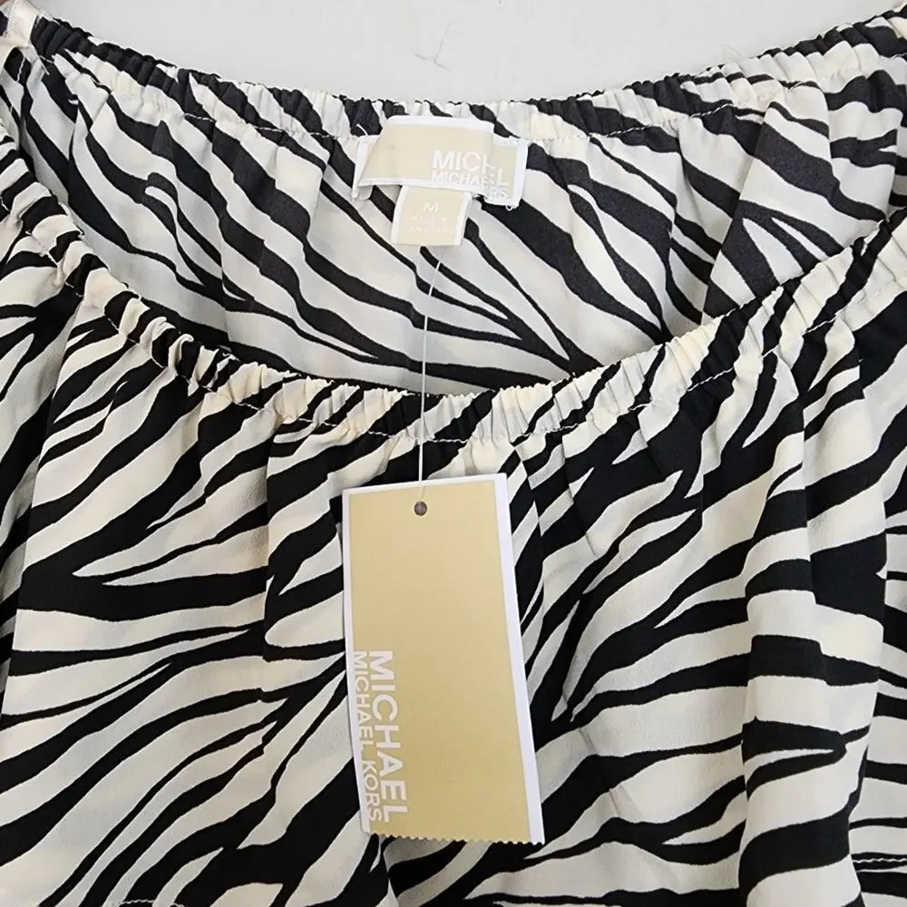 Michael Kors Tiger Stripe Off the Shoulder Ruffle Blouse Black White Animal M